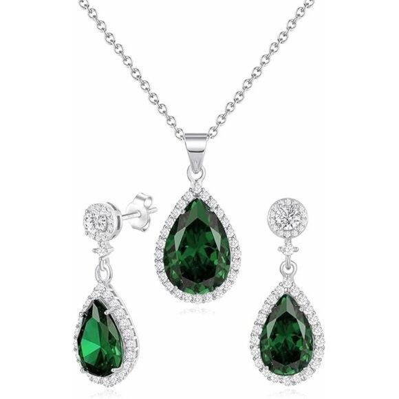 Teardrop Jewelry Set Women Crystal Necklace Earrings Sterling Silver Wedding Pro - Picture 7 of 7